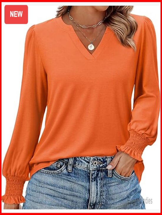 Tops - Women's V-Neck Long Sleeve Tunic Blouse Dressy Casual Tops with Smocked Cuffs
